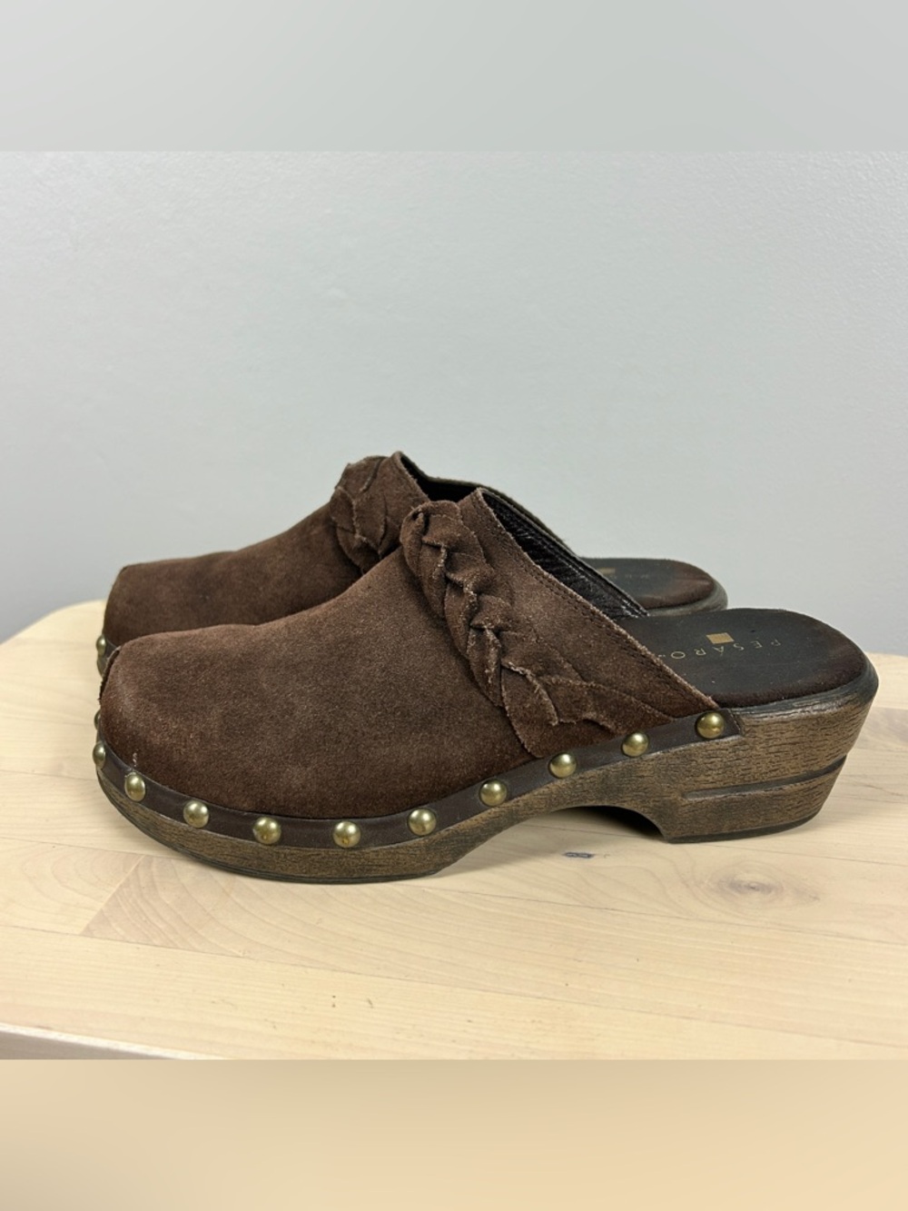 PESARO Genuine Suede Clogs Chocolate Brown 8 Braided Boho Granola Girl Hippie